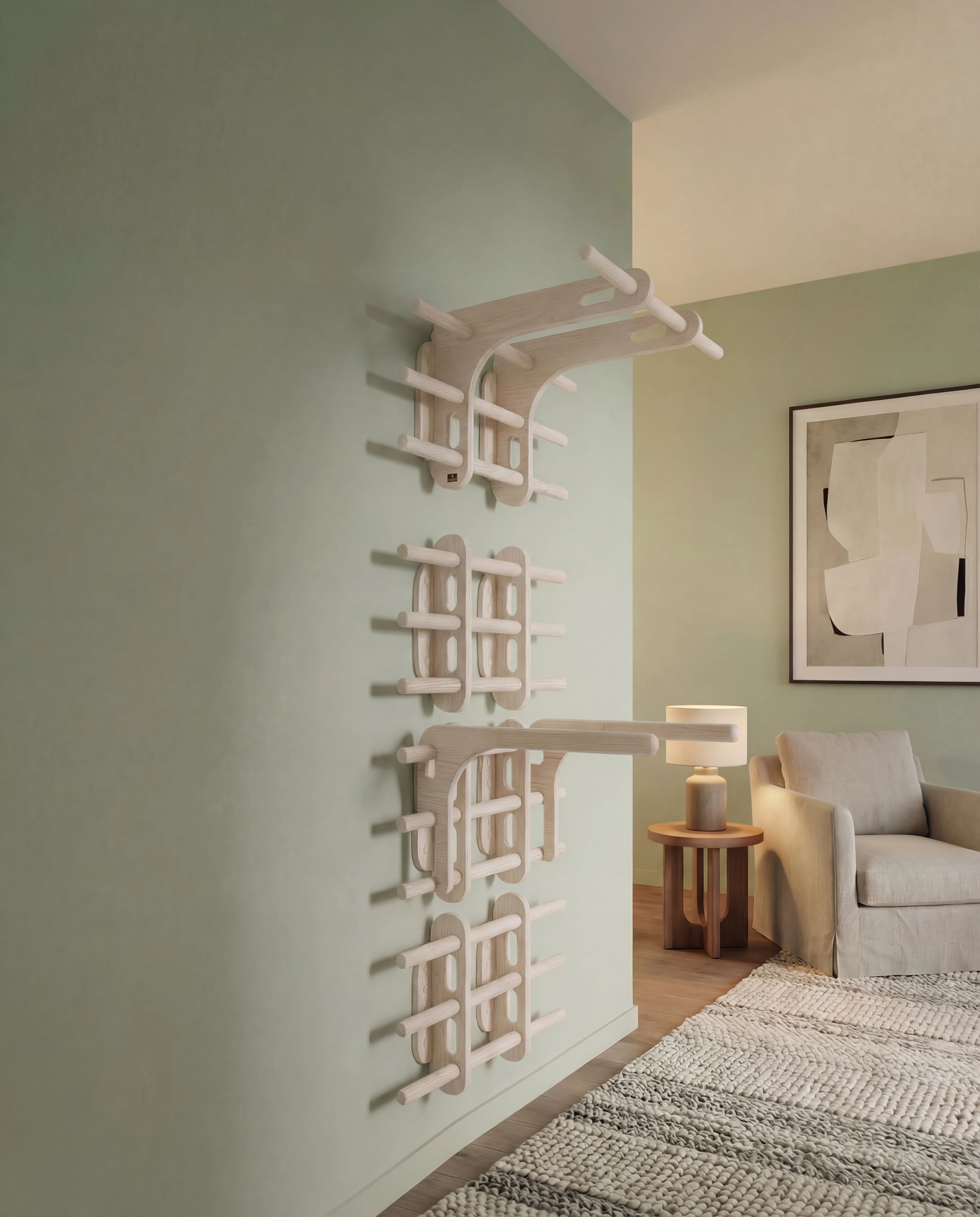 Sprossenwand-Wandsystem XL aus Holz – mit Klimmzug & Dip Barren